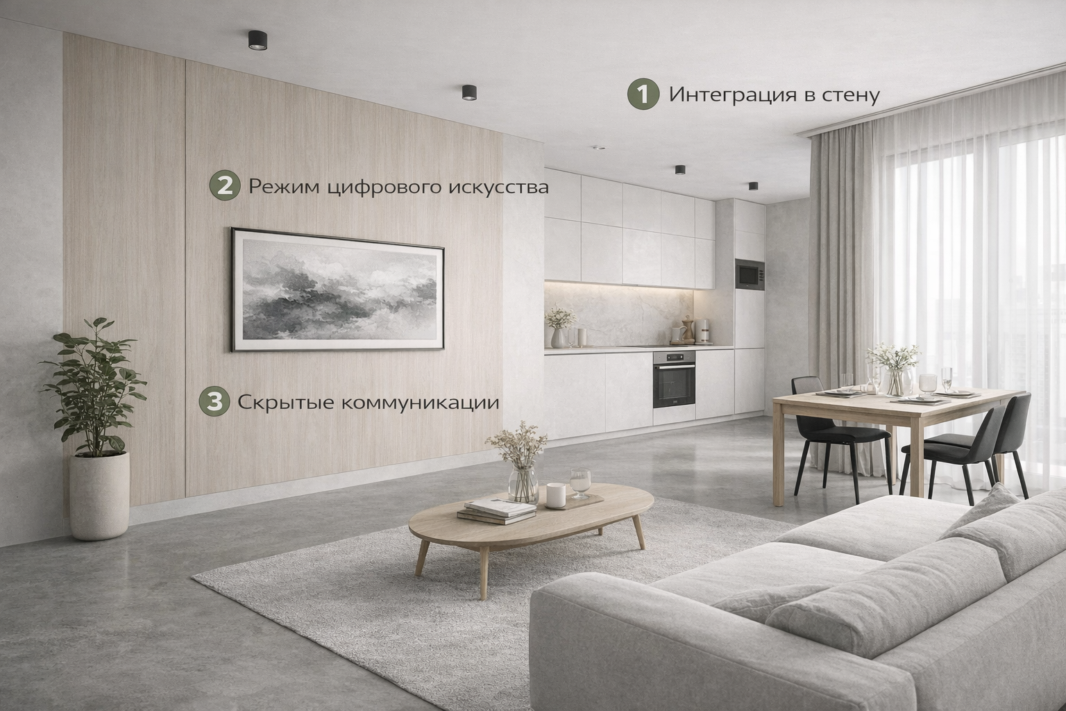 Минималистичная кухня-гостиная с телевизором Samsung Frame, интегрированным в стеновую панель МДФ