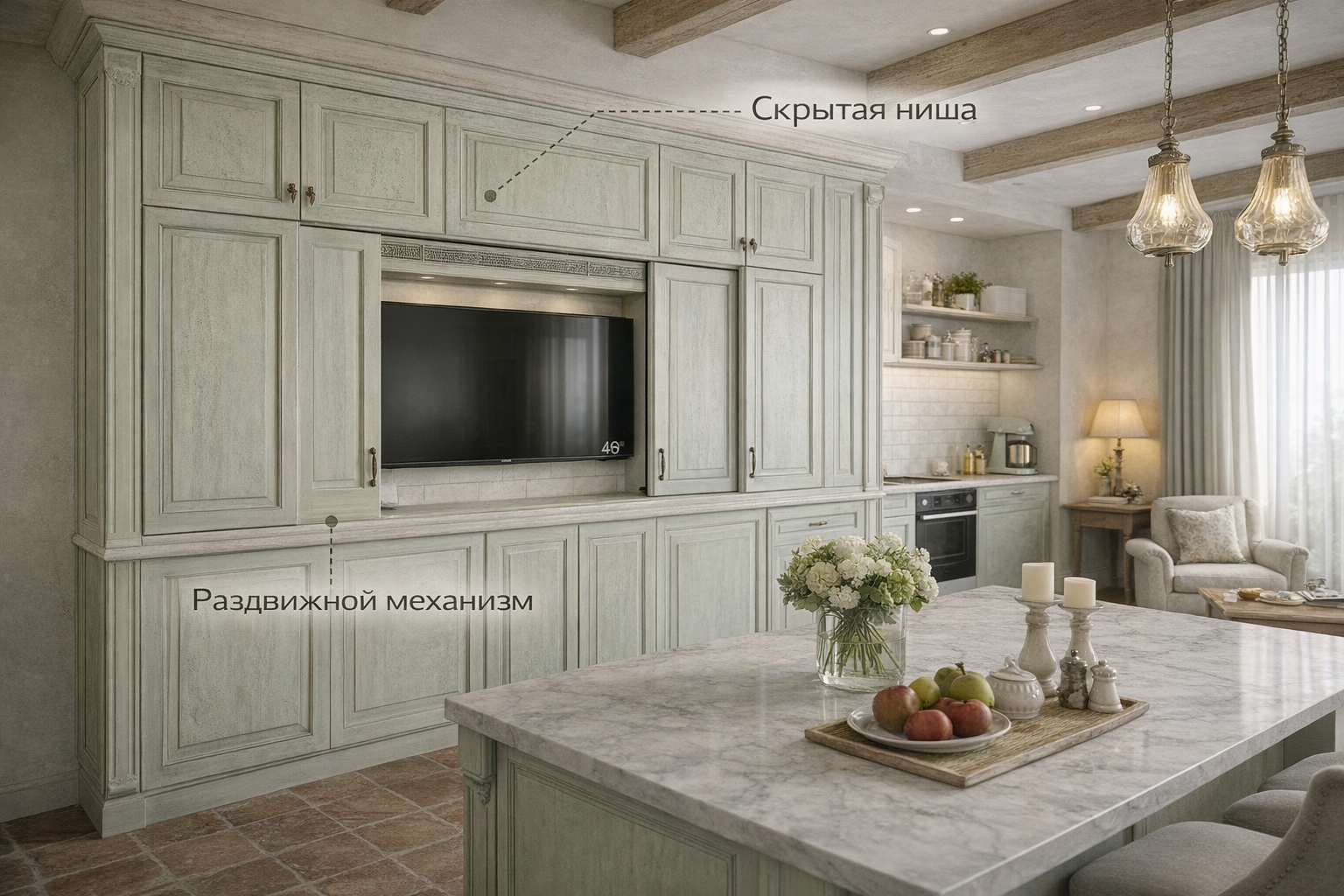 Классическая кухня в стиле шебби-шик со скрытым телевизором LG за раздвижными фасадами шкафов
