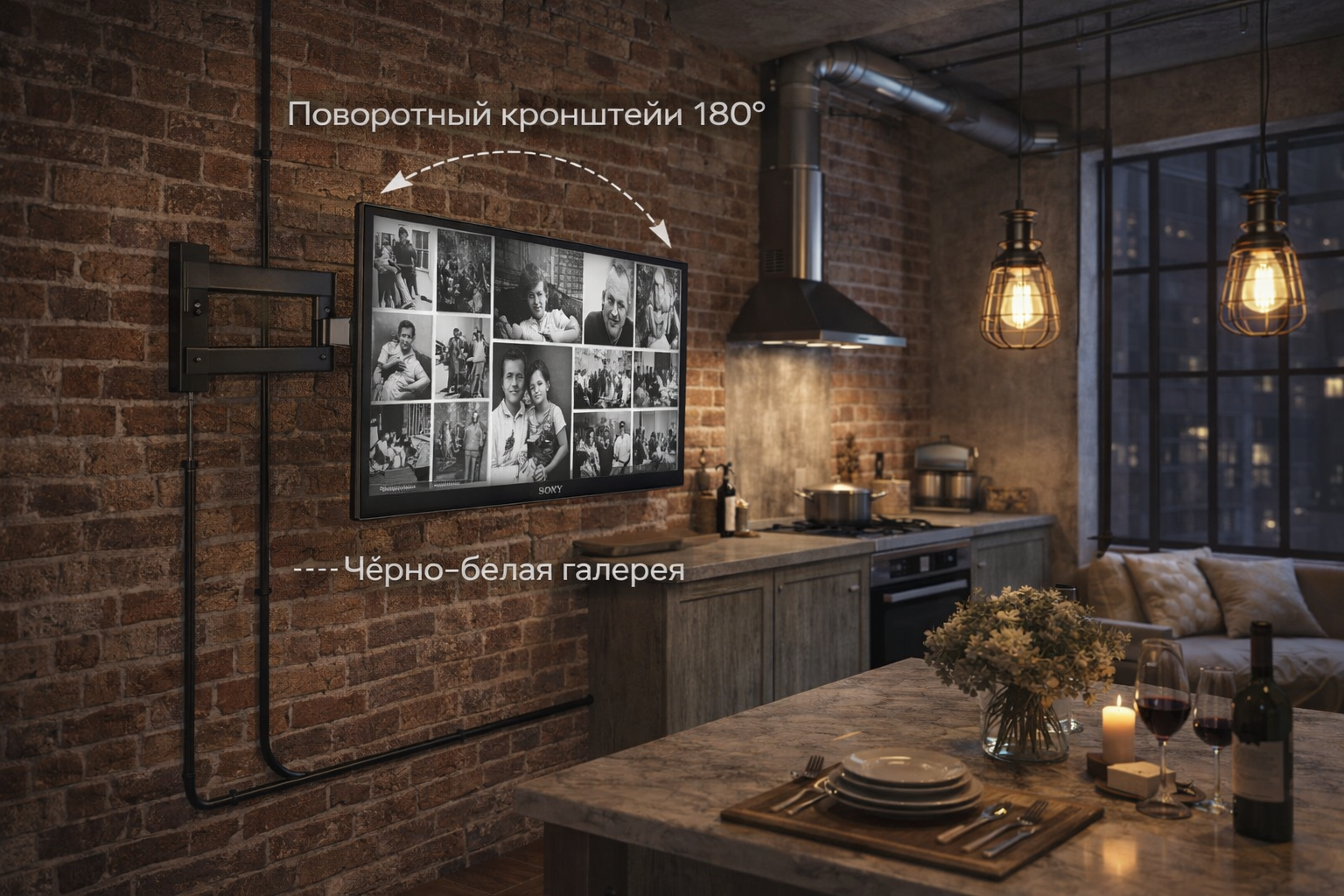 Лофтовая кухня с телевизором Sony на промышленном поворотном кронштейне, кирпичная стена, кабель-каналы