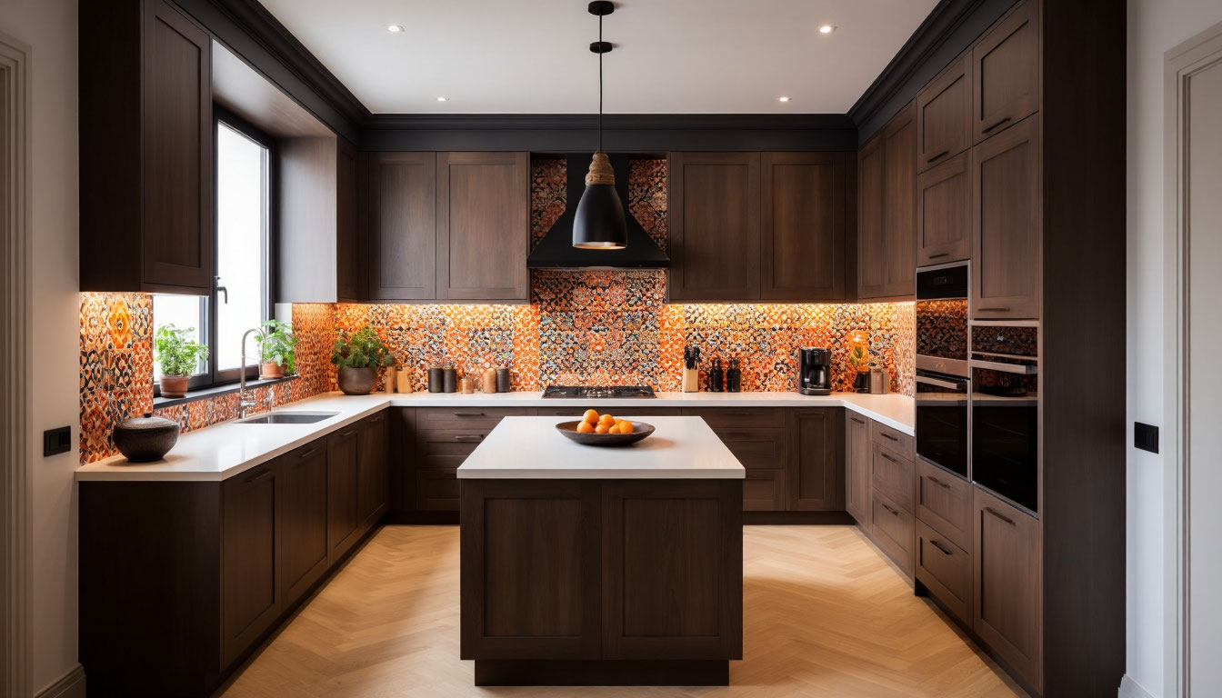 Элегантная кухня в восточном стиле — гармония тёмного дерева и яркой мозаики Современная кухня в восточном стиле: тёмные деревянные фасады, мозаичный фартук и центральный остров с вазой фруктов. Пространство дополнено зелёными растениями на подоконнике и стильной подвесной лампой.