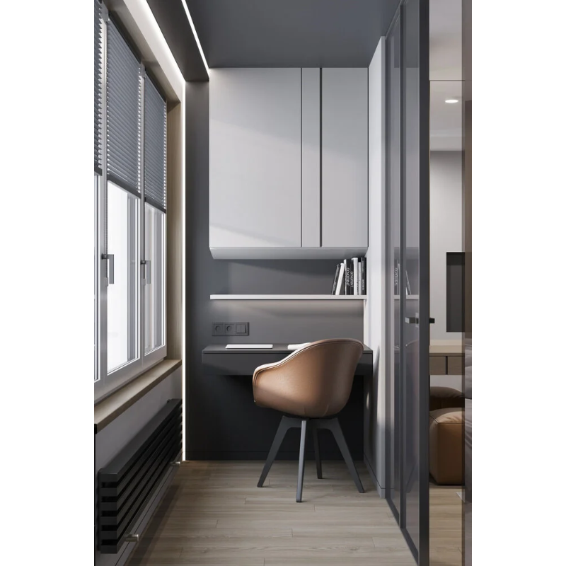 Лоджия в скандинавском стиле под кабинет: светлые тона, дерево, минимализм