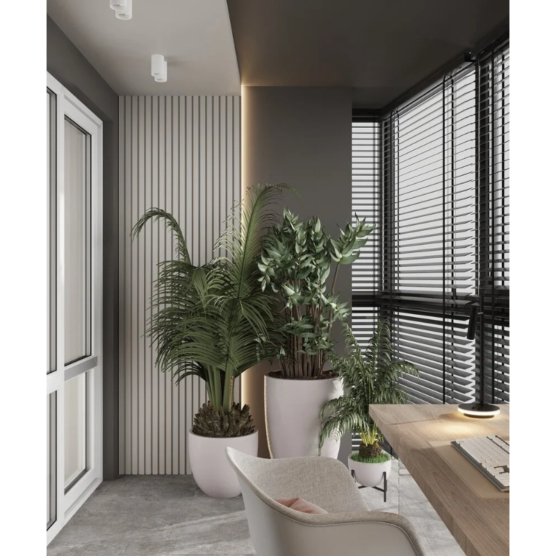 Кабинет на лоджии с кабельным менеджментом и встроенными розетками в столешницу