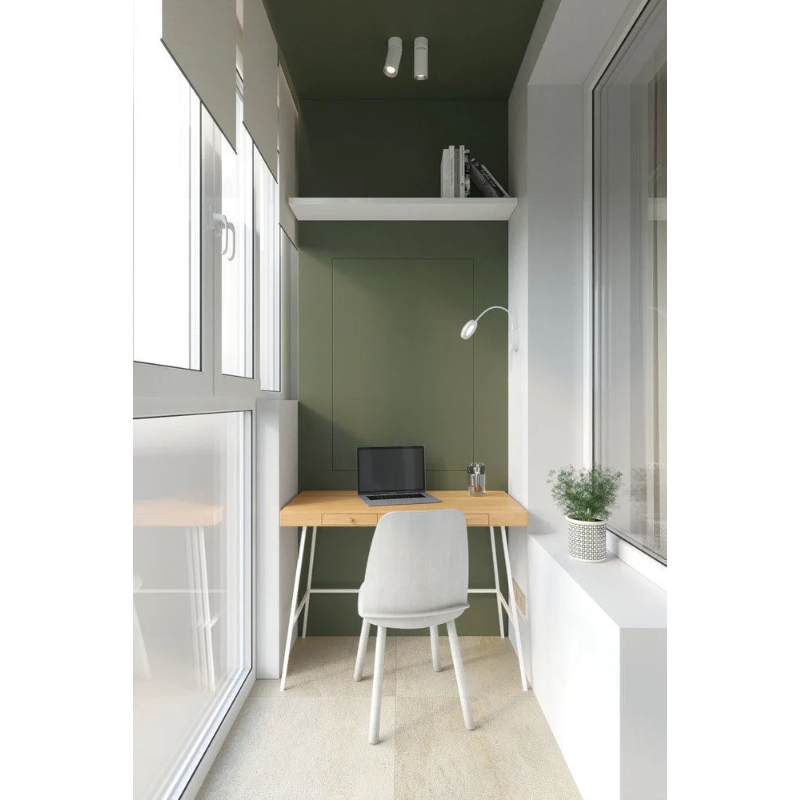 Идеи для кабинета на лоджии: угловой стол, навесные полки, озеленение