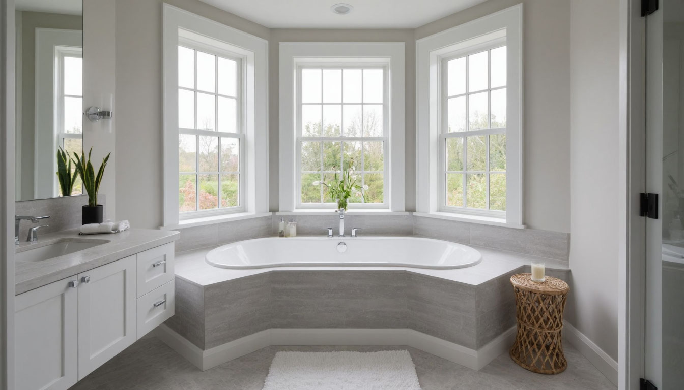 Ванна в эркере светлой ванной комнаты с тремя большими окнами, раковиной и плетёным столиком