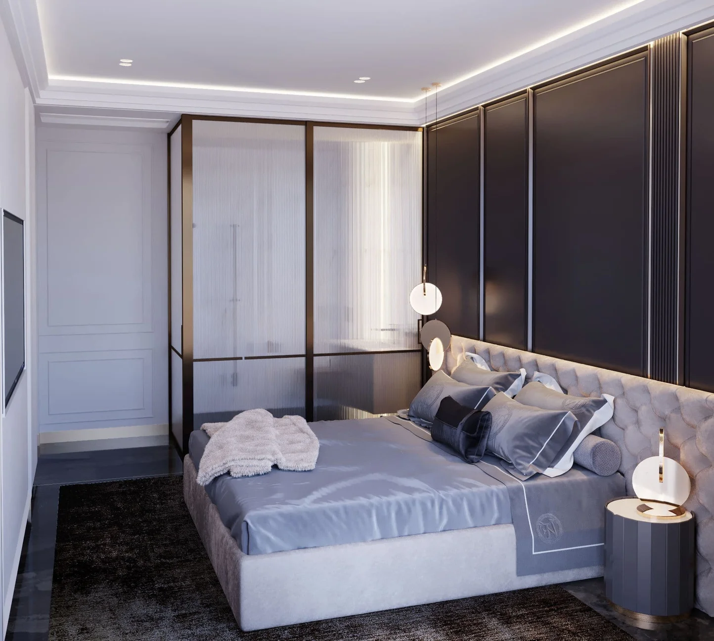 Гармоничное сочетание натурального камня в ванной и спальне, перекликающиеся материалы