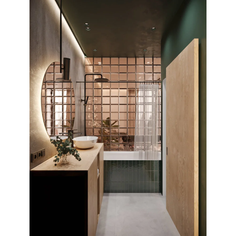 Декор в объединенном пространстве спальни и ванной, живые растения, картины, статуэтки